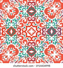 Antique talavera tiles patchwork. Creative design. Vector seamless pattern texture. Red mexican ornamental  decor for bags, smartphone cases, T-shirts, linens or scrapbooking.
