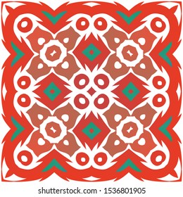 Antique talavera tiles patchwork. Fashionable design. Vector seamless pattern texture. Red mexican ornamental  decor for bags, smartphone cases, T-shirts, linens or scrapbooking.