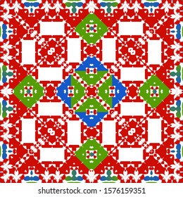 Antique talavera tiles patchwork. Fashionable design. Vector seamless pattern texture. Red mexican ornamental  decor for bags, smartphone cases, T-shirts, linens or scrapbooking.