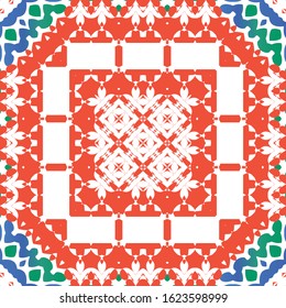 Antique talavera tiles patchwork. Fashionable design. Vector seamless pattern texture. Red mexican ornamental  decor for bags, smartphone cases, T-shirts, linens or scrapbooking.
