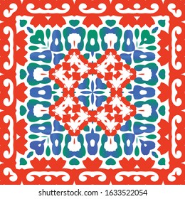 Antique talavera tiles patchwork. Fashionable design. Vector seamless pattern texture. Red mexican ornamental  decor for bags, smartphone cases, T-shirts, linens or scrapbooking.