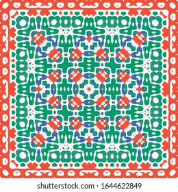 Antique talavera tiles patchwork. Fashionable design. Vector seamless pattern texture. Red mexican ornamental  decor for bags, smartphone cases, T-shirts, linens or scrapbooking.