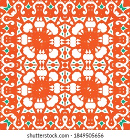 Antique talavera tiles patchwork. Fashionable design. Vector seamless pattern texture. Red mexican ornamental  decor for bags, smartphone cases, T-shirts, linens or scrapbooking.