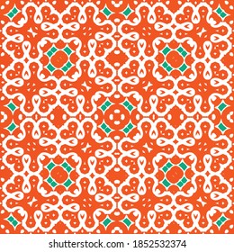 Antique talavera tiles patchwork. Fashionable design. Vector seamless pattern texture. Red mexican ornamental  decor for bags, smartphone cases, T-shirts, linens or scrapbooking.