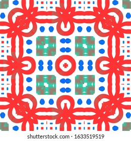 Antique talavera tiles patchwork. Geometric design. Vector seamless pattern flyer. Red mexican ornamental  decor for bags, smartphone cases, T-shirts, linens or scrapbooking.