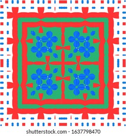 Antique talavera tiles patchwork. Geometric design. Vector seamless pattern flyer. Red mexican ornamental  decor for bags, smartphone cases, T-shirts, linens or scrapbooking.