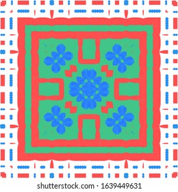 Antique talavera tiles patchwork. Geometric design. Vector seamless pattern flyer. Red mexican ornamental  decor for bags, smartphone cases, T-shirts, linens or scrapbooking.