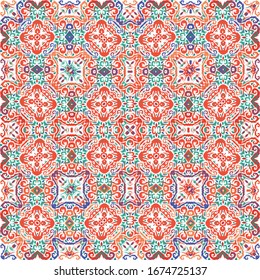 Antique talavera tiles patchwork. Geometric design. Vector seamless pattern frame. Red mexican ornamental  decor for bags, smartphone cases, T-shirts, linens or scrapbooking.