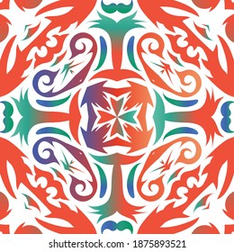 Antique talavera tiles patchwork. Geometric design. Vector seamless pattern theme. Red mexican ornamental  decor for bags, smartphone cases, T-shirts, linens or scrapbooking.