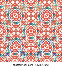 Antique talavera tiles patchwork. Geometric design. Vector seamless pattern theme. Red mexican ornamental  decor for bags, smartphone cases, T-shirts, linens or scrapbooking.