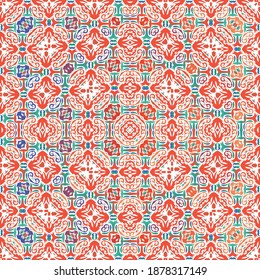 Antique talavera tiles patchwork. Geometric design. Vector seamless pattern theme. Red mexican ornamental  decor for bags, smartphone cases, T-shirts, linens or scrapbooking.