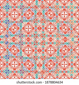 Antique talavera tiles patchwork. Geometric design. Vector seamless pattern theme. Red mexican ornamental  decor for bags, smartphone cases, T-shirts, linens or scrapbooking.