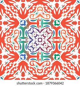 Baldosas de talavera antigua. Diseño geométrico. Tema del patrón sin fisuras del vector. Decoración ornamental mexicana roja para bolsas, estuches para smartphones, camisetas, ropa de cama o rayado.