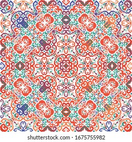 Antique talavera tiles patchwork. Hand drawn design. Vector seamless pattern elements. Red mexican ornamental  decor for bags, smartphone cases, T-shirts, linens or scrapbooking.