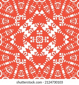 Antique talavera tiles patchwork. Hand drawn design. Vector seamless pattern texture. Red mexican ornamental  decor for bags, smartphone cases, T-shirts, linens or scrapbooking.