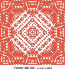 Baldosas de talavera antigua. Diseño dibujado a mano. Textura de patrón sin fisuras del vector. Decoración ornamental mexicana roja para bolsas, estuches para smartphones, camisetas, ropa de cama o rayado.