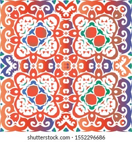 Antique talavera tiles patchwork. Kitchen design. Vector seamless pattern frame. Red mexican ornamental  decor for bags, smartphone cases, T-shirts, linens or scrapbooking.