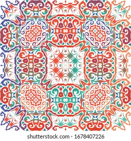 Antique talavera tiles patchwork. Minimal design. Vector seamless pattern arabesque. Red mexican ornamental  decor for bags, smartphone cases, T-shirts, linens or scrapbooking.
