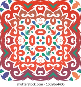 Antique talavera tiles patchwork. Modern design. Vector seamless pattern frame. Red mexican ornamental  decor for bags, smartphone cases, T-shirts, linens or scrapbooking.