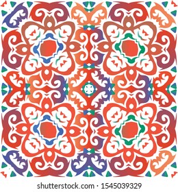 Antique talavera tiles patchwork. Modern design. Vector seamless pattern trellis. Red mexican ornamental  decor for bags, smartphone cases, T-shirts, linens or scrapbooking.