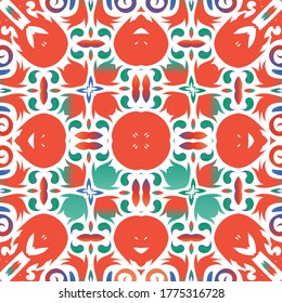 Antique talavera tiles patchwork. Modern design. Vector seamless pattern watercolor. Red mexican ornamental  decor for bags, smartphone cases, T-shirts, linens or scrapbooking.