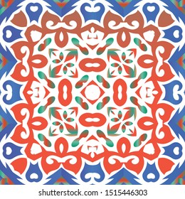 Antique talavera tiles patchwork. Original design. Vector seamless pattern poster. Red mexican ornamental  decor for bags, smartphone cases, T-shirts, linens or scrapbooking.