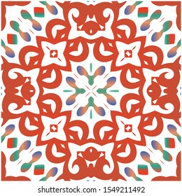 Antique talavera tiles patchwork. Original design. Vector seamless pattern poster. Red mexican ornamental  decor for bags, smartphone cases, T-shirts, linens or scrapbooking.