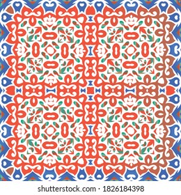 Antique talavera tiles patchwork. Original design. Vector seamless pattern poster. Red mexican ornamental  decor for bags, smartphone cases, T-shirts, linens or scrapbooking.