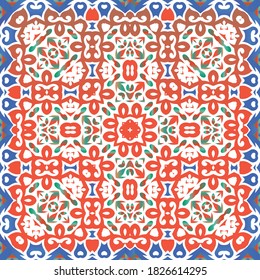 Fliesen-Fliesen-Fliesen aus der Antike. Originelles Design. Vektornahtloses Musterplakat. Rote mexikanische Dekoration für Taschen, Smartphone-Kisten, T-Shirts, Bettwäsche oder Scrapbooking.