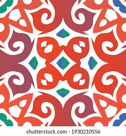 Antique talavera tiles patchwork. Original design. Vector seamless pattern template. Red mexican ornamental  decor for bags, smartphone cases, T-shirts, linens or scrapbooking.