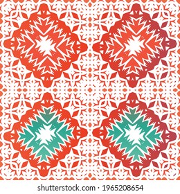 Antique talavera tiles patchwork. Universal design. Vector seamless pattern arabesque. Red mexican ornamental  decor for bags, smartphone cases, T-shirts, linens or scrapbooking.