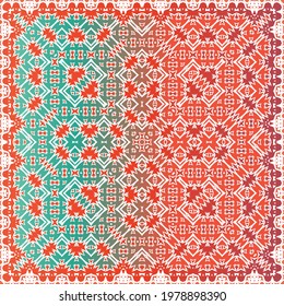 Antique talavera tiles patchwork. Universal design. Vector seamless pattern arabesque. Red mexican ornamental  decor for bags, smartphone cases, T-shirts, linens or scrapbooking.