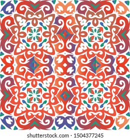 Antique talavera tiles patchwork. Vector seamless pattern elements. Modern design. Red mexican ornamental  decor for bags, smartphone cases, T-shirts, linens or scrapbooking.