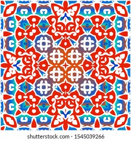 Antique talavera tiles patchwork. Vector seamless pattern template. Original design. Red mexican ornamental  decor for bags, smartphone cases, T-shirts, linens or scrapbooking.