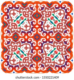 Antique talavera tiles patchwork. Vector seamless pattern elements. Modern design. Red mexican ornamental  decor for bags, smartphone cases, T-shirts, linens or scrapbooking.