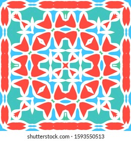 Antique talavera tiles patchwork. Vector seamless pattern template. Original design. Red mexican ornamental  decor for bags, smartphone cases, T-shirts, linens or scrapbooking.