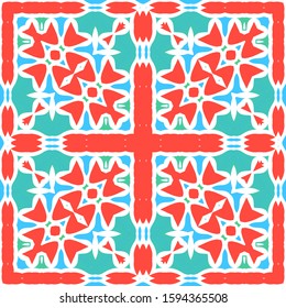 Antique talavera tiles patchwork. Vector seamless pattern template. Original design. Red mexican ornamental  