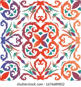 Antique talavera tiles patchwork. Vector seamless pattern watercolor. Minimal design. Red mexican ornamental  decor for bags, smartphone cases, T-shirts, linens or scrapbooking.
