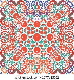 Antique talavera tiles patchwork. Vector seamless pattern collage. Colored design. Red mexican ornamental  decor for bags, smartphone cases, T-shirts, linens or scrapbooking.
