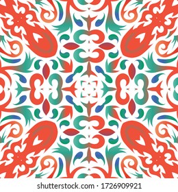 Antique talavera tiles patchwork. Vector seamless pattern illustration. Graphic design. Red mexican ornamental  decor for bags, smartphone cases, T-shirts, linens or scrapbooking.