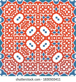 Antique talavera tiles patchwork. Vector seamless pattern trellis. Creative design. Red mexican ornamental  decor for bags, smartphone cases, T-shirts, linens or scrapbooking.
