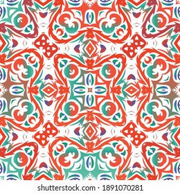 Antique talavera tiles patchwork. Vector seamless pattern arabesque. Graphic design. Red mexican ornamental  decor for bags, smartphone cases, T-shirts, linens or scrapbooking.
