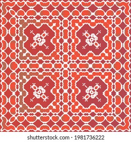 Antique talavera tiles patchwork. Vector seamless pattern elements. Bathroom design. Red mexican ornamental  decor for bags, smartphone cases, T-shirts, linens or scrapbooking.
