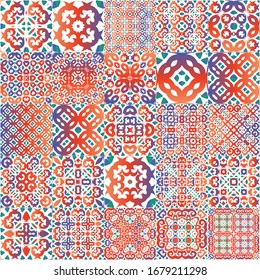 Antique talavera tiles patchworks. Bathroom design. Kit of vector seamless patterns. Red mexican ornamental  decor for bags, smartphone cases, T-shirts, linens or scrapbooking.