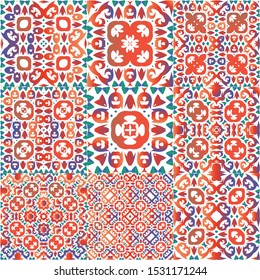 Antique talavera tiles patchworks. Collection of vector seamless patterns. Modern design. Red mexican ornamental  decor for bags, smartphone cases, T-shirts, linens or scrapbooking.