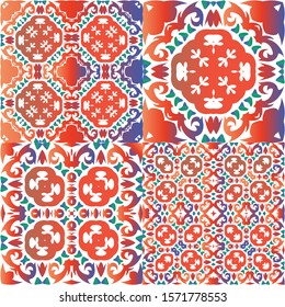 Antique talavera tiles patchworks. Collection of vector seamless patterns. Colored design. Red mexican ornamental  decor for bags, smartphone cases, T-shirts, linens or scrapbooking.