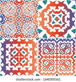 Antique talavera tiles patchworks. Collection of vector seamless patterns. Colored design. Red mexican ornamental  decor for bags, smartphone cases, T-shirts, linens or scrapbooking.