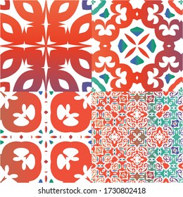 Antique talavera tiles patchworks. Collection of vector seamless patterns. Fashionable design. Red mexican ornamental  decor for bags, smartphone cases, T-shirts, linens or scrapbooking.