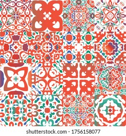 Antique talavera tiles patchworks. Collection of vector seamless patterns. Modern design. Red mexican ornamental  decor for bags, smartphone cases, T-shirts, linens or scrapbooking.