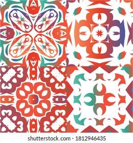 Antique talavera tiles patchworks. Collection of vector seamless patterns. Fashionable design. Red mexican ornamental  decor for bags, smartphone cases, T-shirts, linens or scrapbooking.